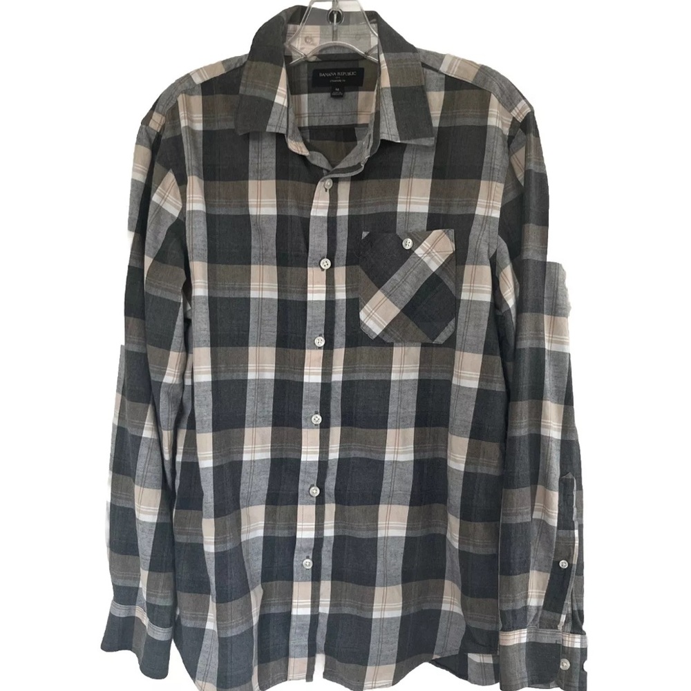 Banana Republic Long Sleeve 100% Cotton Gray Plaid Button Down, Front Pocket Med